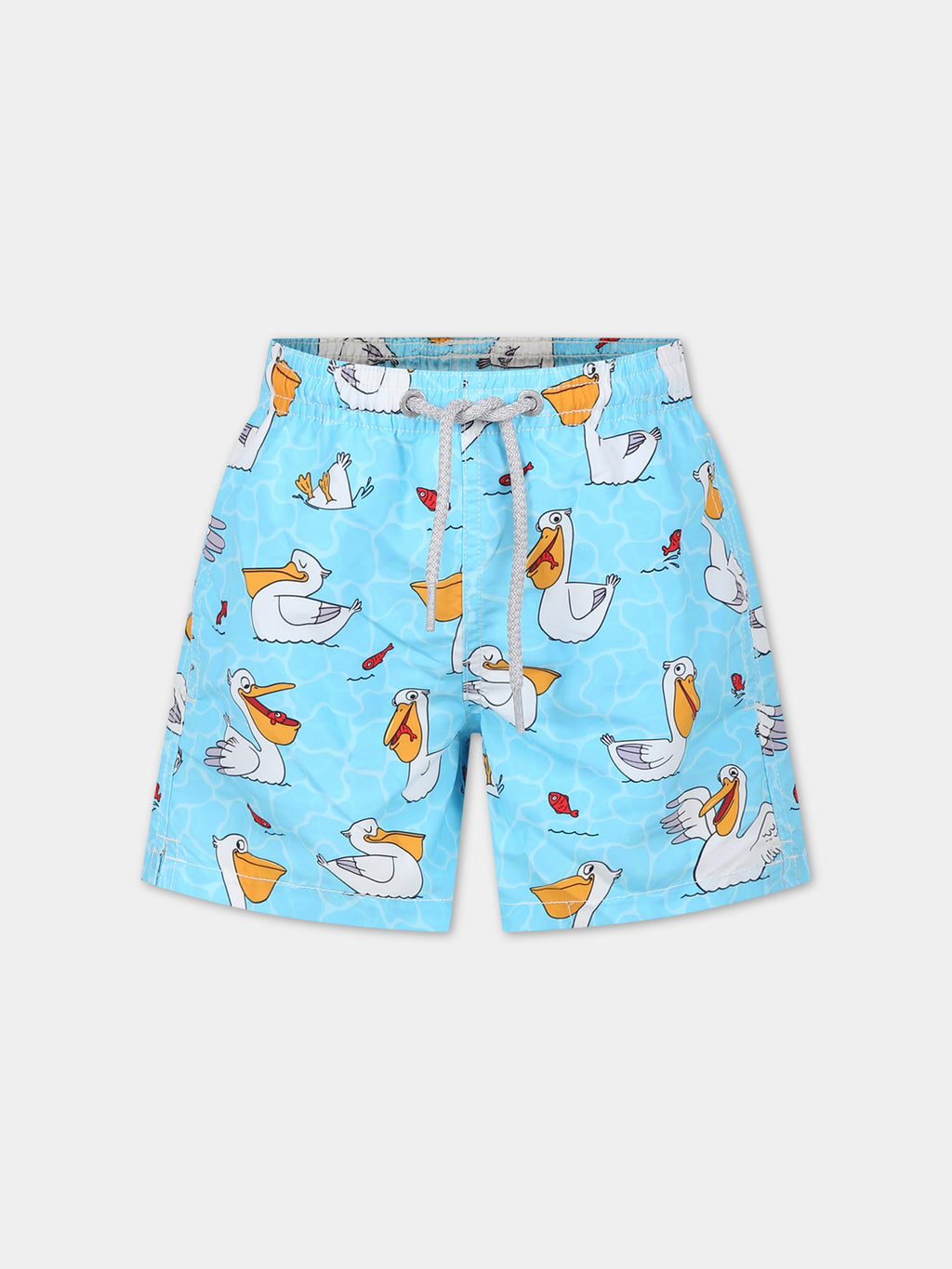 Light blue swim shorts for boy with pelican print